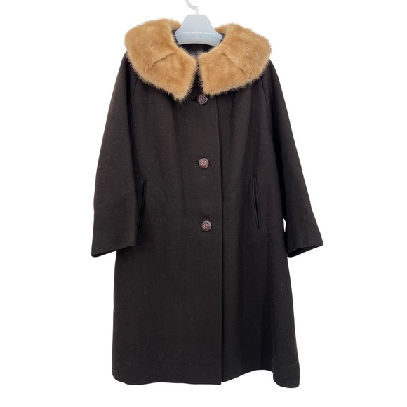 Vintage 60s Brown Wool Coat Palomino Mink Collar Size L Mrs Maisel - Picture 1 of 14